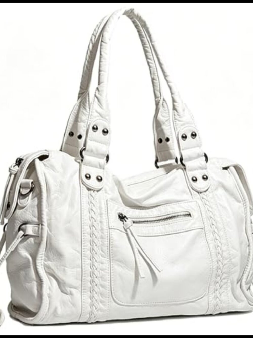 Washed Leather Hobo Tote Bag, Removable Strap, Zipper Satchel Purse